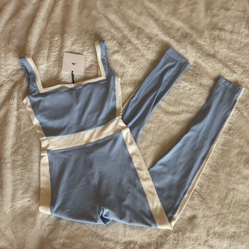 Light Blue and Cream Contrast-Trim Jumpsuit
